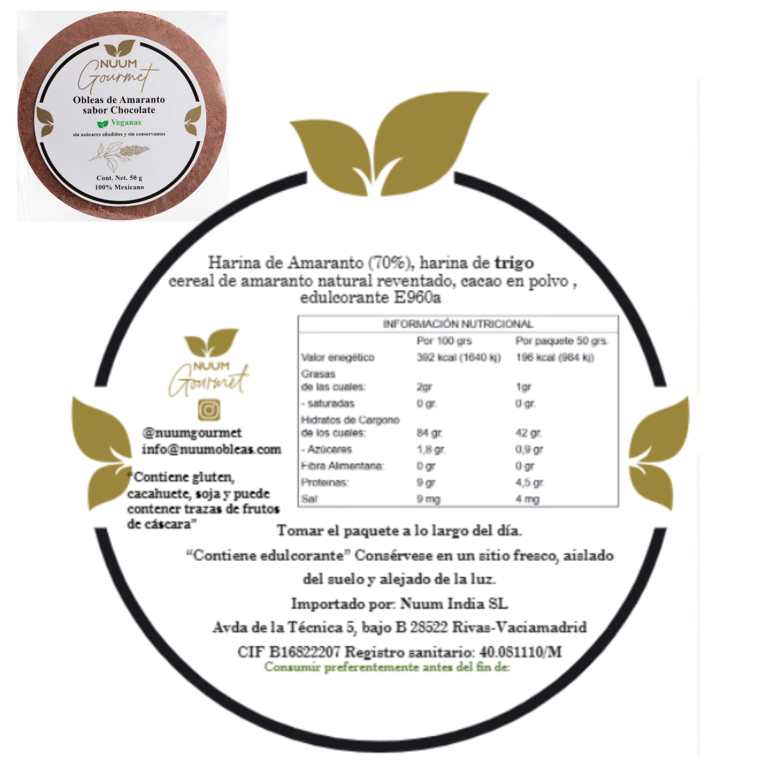 Obleas de Amaranto sabor chocolate - Nuum Gourmet