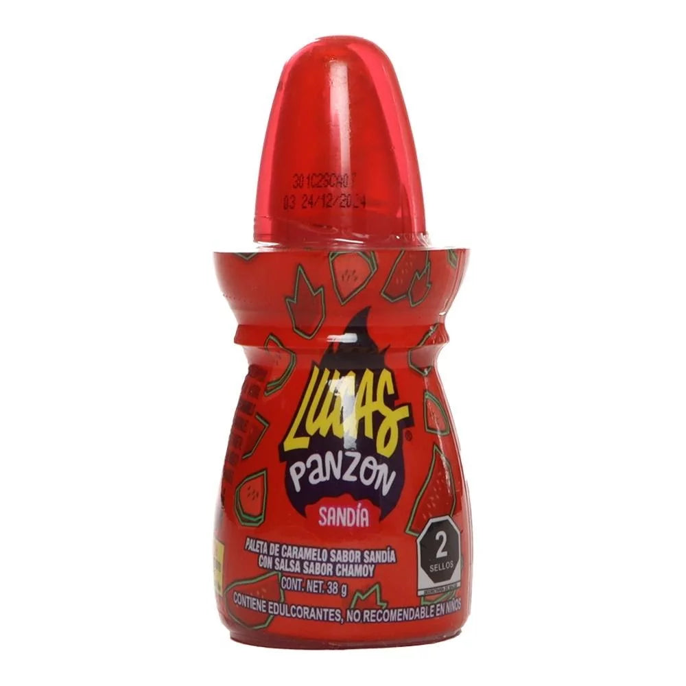 Lucas Panzón Paleta de Caramelo Sabor Sandía Con Salsa Chamoy 10 piezas (380g)
