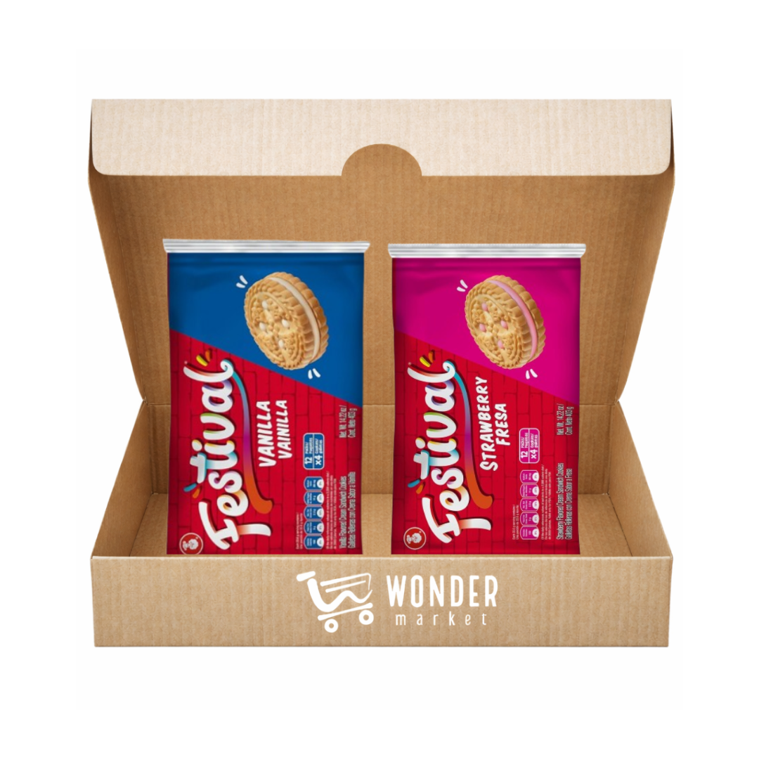 dos galletas en una caja, de fresa y vainilla