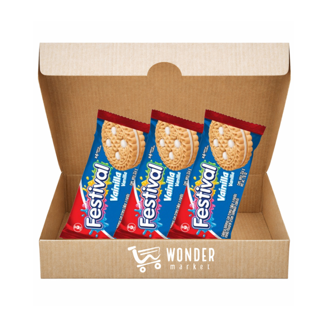 tres galletas festival de sabor vainilla en una caja marrón